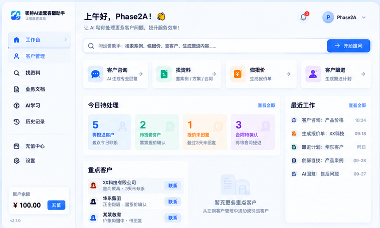 砚栈AI运营客服助手智能工作台界面,展示客户待办、报价、合同、跟进任务和快捷功能入口