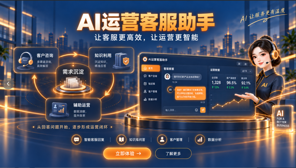 AI运营客服助手智能客服、知识库、客户管理与数据分析功能展示图